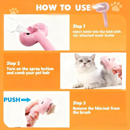 Pet Steam Brush for Cat & Dog, 2-Hole Double Spray, 3-in-1 Cat Steam Brush,Pet Spray Comb with Shedding Massaging Grooming Self-Cleaning Release Button for Long & Short Haired Pets(Pink)