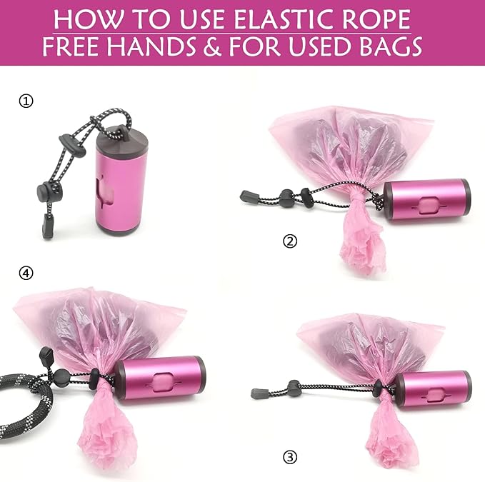 Aluminum Dog Poop Bags Holder with Carabiner Metal Pet Waste Bags Dispenser with Hook and Loop Fastener and Elastic Cord to Carry Used Bags (Pink)