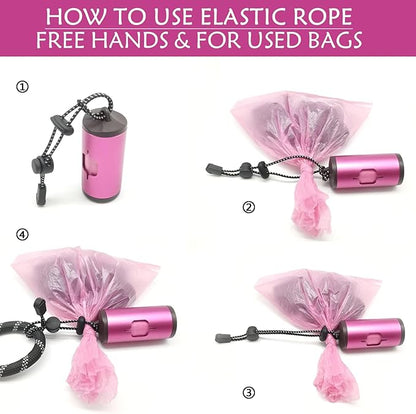 Aluminum Dog Poop Bags Holder with Carabiner Metal Pet Waste Bags Dispenser with Hook and Loop Fastener and Elastic Cord to Carry Used Bags (Pink)