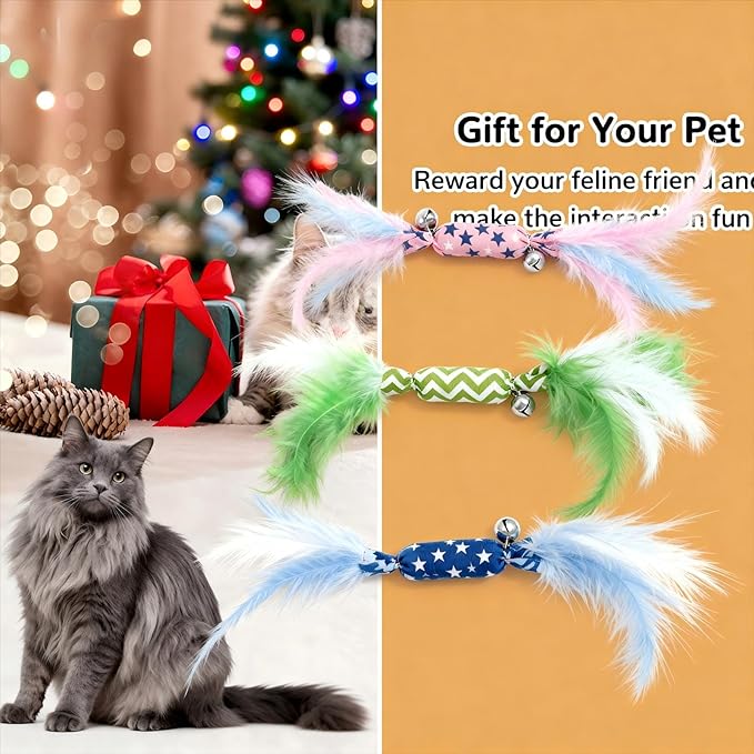 Catnip Toy Candy Shape with Bright Colors Feathers & Bell, Kicker Chew Toy for Indoor Cats, Enrichment Toys for Bored Kittens & Adult Cats, 3-Pack Crinkle Plush Toys for Teething and Play
