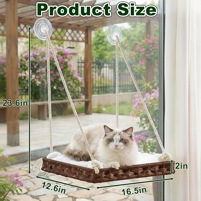 Puffluv Cat Window Perch,Large Handwoven Breathable Hammock Bed with 4 Heavy Duty Suction Cups,Removable Soft Washable Plush Cushion,Easy Install Natural Resting Spot for Indoor Cat&Kittens