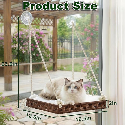 Puffluv Cat Window Perch,Large Handwoven Breathable Hammock Bed with 4 Heavy Duty Suction Cups,Removable Soft Washable Plush Cushion,Easy Install Natural Resting Spot for Indoor Cat&Kittens