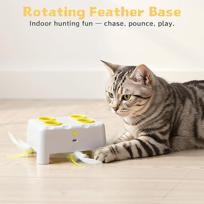Cheese Box Interactive Cat Toy for Indoor Cats, 3-in-1 Whack a Mole Feather Toy, 3 Modes Rechargeable Auto Cat Toys for Bored Cats, 4 Holes Kitten Toy, 4 Accessories (White)