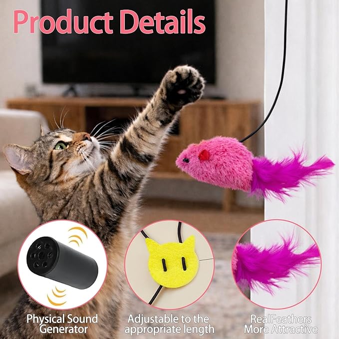 Interactive Hanging Mouse Cat Toys, 3 Pack Plush Mouse Cat Toy with Feather & Catnip, Movement-Activated Physical Sound, Adjustable Door Frame Self Play Toy for Indoor Cats