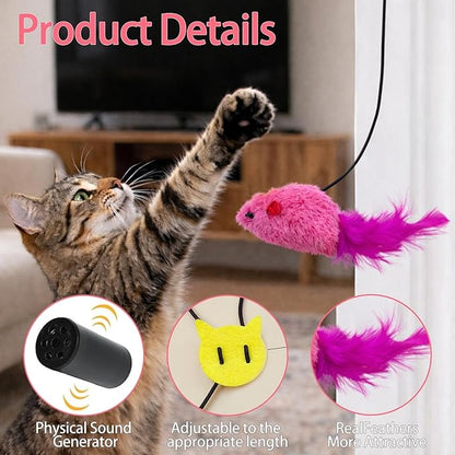 Interactive Hanging Mouse Cat Toys, 3 Pack Plush Mouse Cat Toy with Feather & Catnip, Movement-Activated Physical Sound, Adjustable Door Frame Self Play Toy for Indoor Cats