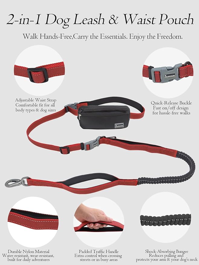 Hands Free Dog Leash with Zipper Pouch & Waist Belt – Reflective Durable Bungee Leash with Dual Padded Handles for Walking, Jogging & Running, Fits Small to Large Dogs (Red)