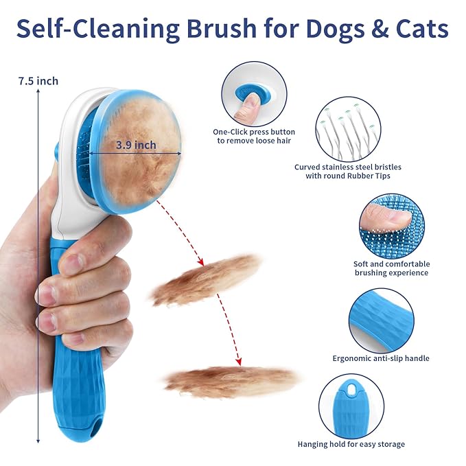 Dog Brush Grooming Kit 5 PCS - Self Cleaning Slicker Brush for Shedding Short Long Haired Dogs & Cats, Includes Pet Comb, Flea Comb, Bath Brush, Undercoat Rake - Complete Fur Care Set - Blue