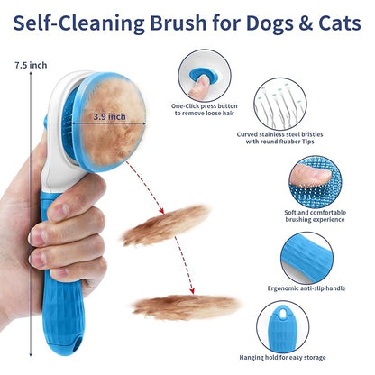 Dog Brush Grooming Kit 5 PCS - Self Cleaning Slicker Brush for Shedding Short Long Haired Dogs & Cats, Includes Pet Comb, Flea Comb, Bath Brush, Undercoat Rake - Complete Fur Care Set - Blue
