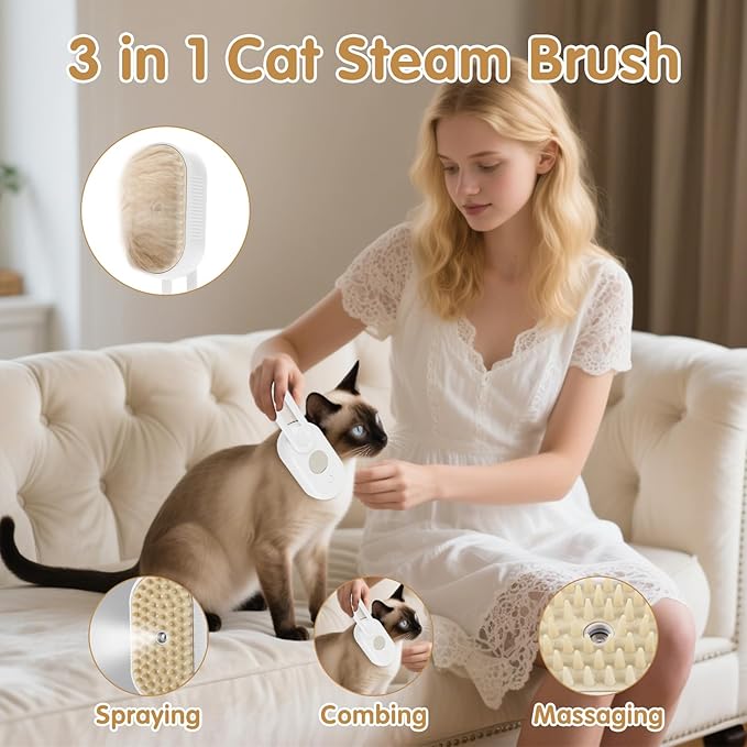 Cat Steam Brush for Shedding, 4 in 1 Rechargeable Steam pet Brush for Indoor Cats and Dogs, Massage, Anti-Static, Cleaning, Shedding & Combing All In One! (White)