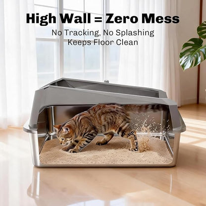 KYKY Tescat 2 Pack Stainless Steel Litter Box with Lid, XL Metal Litter Box with High Sides, Extra Large Litter Boxes for Big Cats and Multiple Cats, Leak-Proof, Rust-Proof, Non-Sticky and Easy Clean