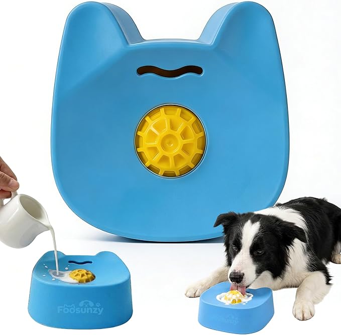Slow Feeder Dog Bowls for Liquid with Rolling Ball, Interactive Lick Bowl Silicone Non-Slip Licking Slow Feeder Suction Cup for Wet Food, Water & Treats Lick Toy for Dogs Cats (Blue-Plastic)
