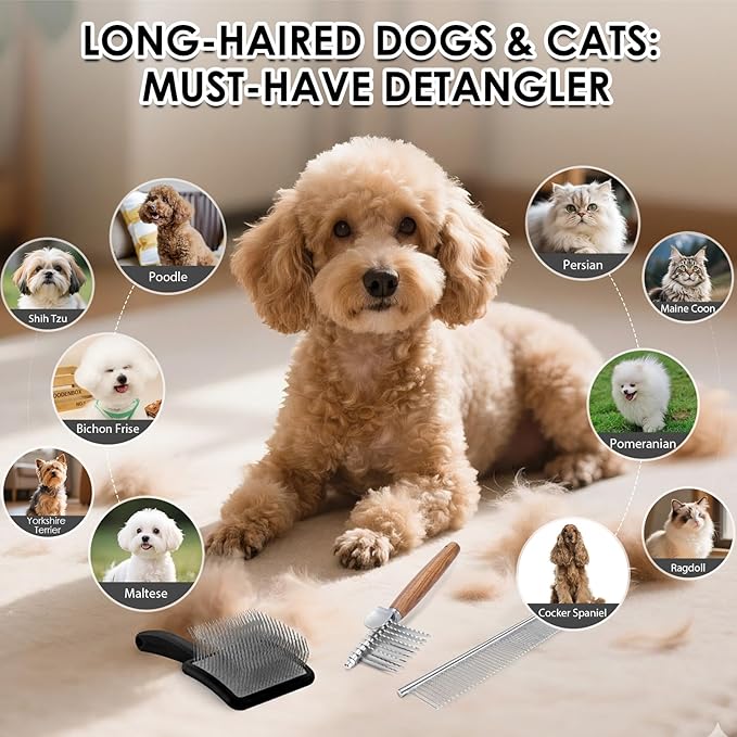 Large Slicker Brush for Dogs - Long Pin Deshedding Brush for Mats & Shedding on Long Haired Dogs, Doodles, Poodles, Goldendoodle, Labradoodle, 3pc Grooming Kits with Wooden Handle, Black
