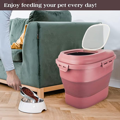 Dog Food Storage Container, Airtight Collapsible 13lb to 30lb Pet Food Container with Flip Top, Rolling Wheel, Scoop and a small container for Dog Cat Food and Dry Food of Rice, Flour