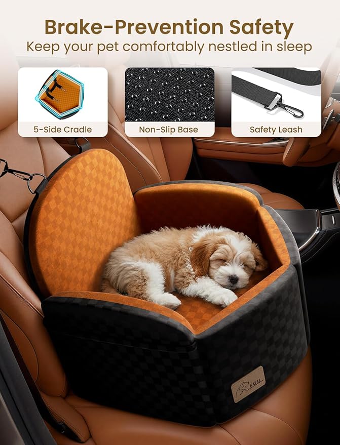 Dog Car Seat for Small/Medium Dogs Up to 35 lbs, Elevated Memory Foam Dog Booster Seat with 2 Safety Belts, Travel Safety Pet Car Seat with Detachable Washable Cover and Storage Pockets (Black/Brown)