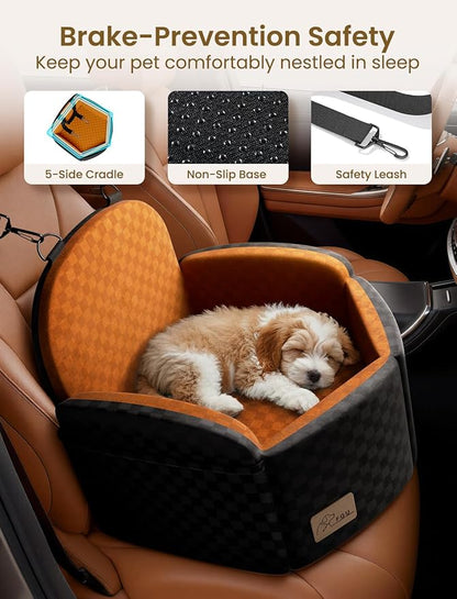Dog Car Seat for Small/Medium Dogs Up to 35 lbs, Elevated Memory Foam Dog Booster Seat with 2 Safety Belts, Travel Safety Pet Car Seat with Detachable Washable Cover and Storage Pockets (Black/Brown)