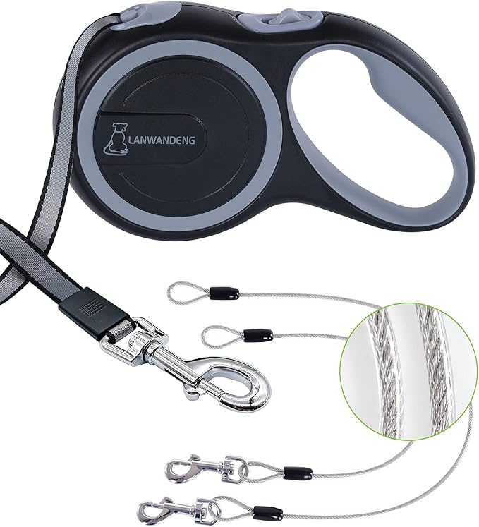 26FT Chew Proof Retractable Dog Leash with 2 Heavy Duty Anti-Chewing Wire Ropes, 360° Tangle-Free Dog Lead with Anti-Slip Handle for Medium/Large Dogs up to 110 lbs Gray