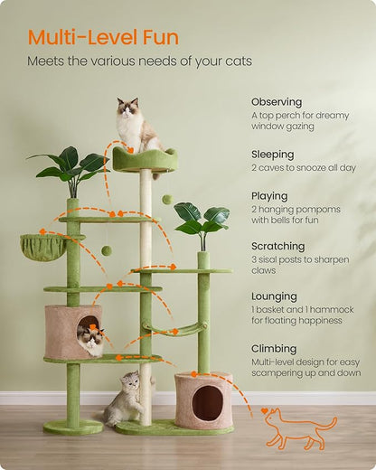 Feandrea Cat Tree, 68.1-Inch Tall Cat Tower, Multi-Level Plush Condo with Artificial Leaves, 3 Scratching Posts, 2 Pompoms with Bells, Grass Green and Camel Brown UPCT330C01