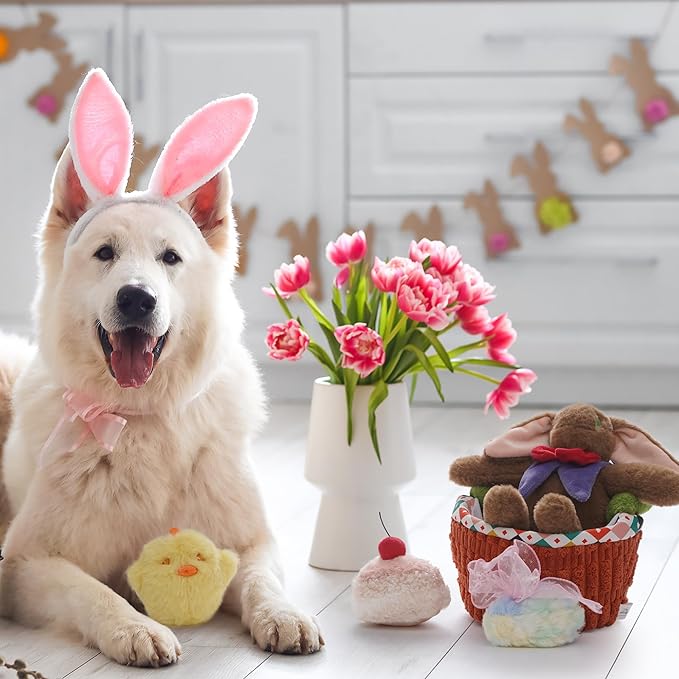 Nocciola Dog Easter Basket Dog Toys - Durable Stuffed Plush Bunny Dog Squeaky Toys for Small, Medium and Large Breeds, Easter Basket with Egg & Rabbit & Chick & Cake Puppy Toy