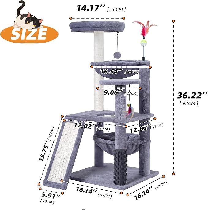 Multi-Level Cat Tree for Indoor Cats, Cat Tree Tower with Big Cat Hammock and Self-Grooming Brush, Cat Tower with Scratch Ladder, Indoor Climbing Activity Tower with Scratching Posts, Grey