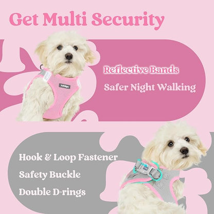 rabbitgoo Small Dog Harness, Step-in Soft Mesh Puppy Vest with Safety Buckle, Breathable Reflective Pet Harness for Small Sized Dogs, Pink & Gray M