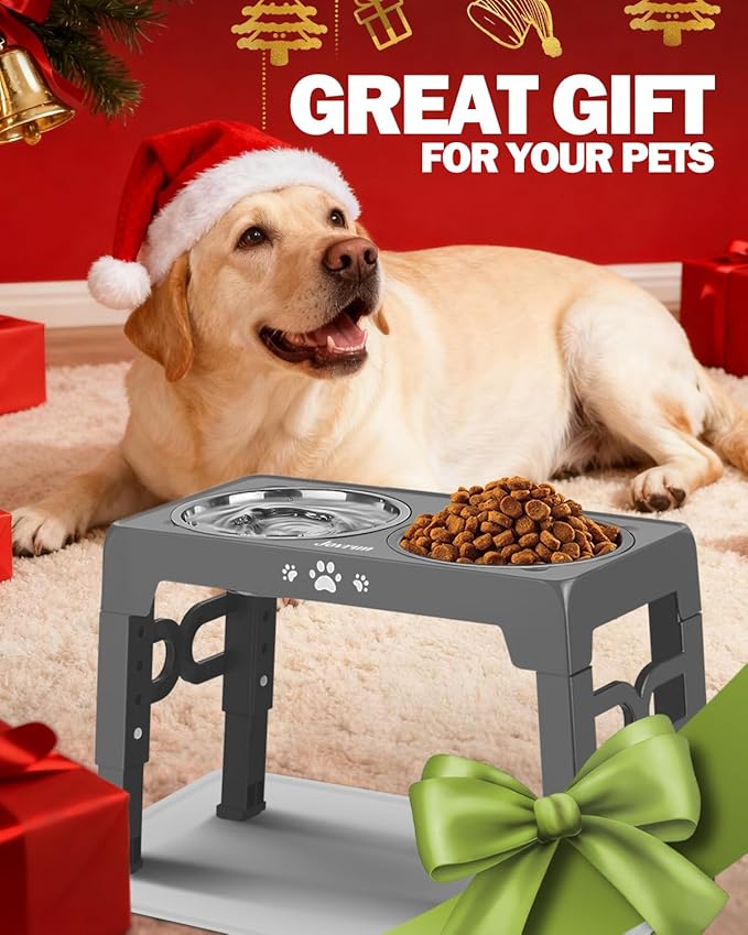 Elevated Dog Bowls for Medium Size Dogs with Mat, Non-Slip Dog Feeder with 1*Stainless Steel Dishes & 1*Slow Feeder Bowl, 5 Heights Adjustable Raised Bowls for 3.15″-8.66″-9.84″-11.02″-12.2″