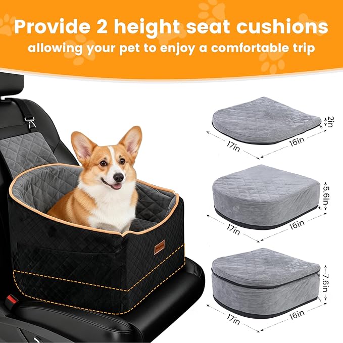 Babyboat Dog Car Seat for Small & Medium Dog Adjustable Height Pet Booster Car Seat with 2 Cushion Up to 30lbs Detachable Travel Pet Bed with Remove Cover, Storage Pockets - Black