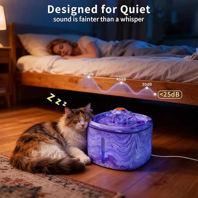 Cat Water Fountain Purple: Automatic Flower Pet Water Fountain for Cats Indoor-84oz/2.5L, Cute Cat Fountain for Drinking, LED Blue Light, Upgraded Ultra Quiet Pump, Gifts for Cats, Dogs (2Filters)
