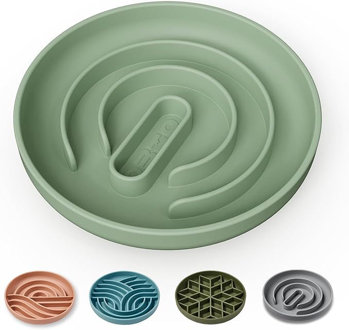OHMO Slow Feeder Dog & Cat Bowl, Non-Slip with Suction Cup, Food-Grade Silicone, Anti-Choking & Anti-Bloat (Sage Green, M-Infinite, 7.3")
