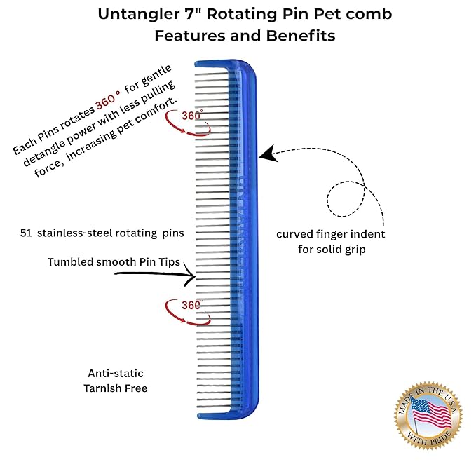 Pet comb for easy mat removal - silky smooth rotating teeth untangles without causing pain to pets. (7" Ocean Blue)