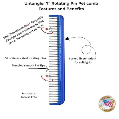 Pet comb for easy mat removal - silky smooth rotating teeth untangles without causing pain to pets. (7" Ocean Blue)