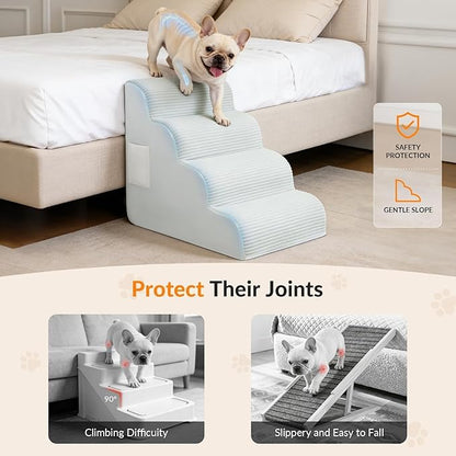 Dog Stairs for Bed Up to 24" H, Extra Height 22.8" 4-Step Pet Steps for Small Dogs and Cats, Non-Slip Sturdy Dog Ramp with Anti-Tip Safety Strap and Washable Cover,Balanced Ramp Indoor Pet Stairs