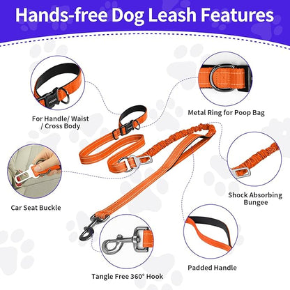 Kazazoo Hands-Free Dog Leash with 6-9FT Adjustable Length - Heavy Duty No Pull Bungee Design, Reflective Safety for Walking, Jogging & Training | Suitable for Medium to Large Dogs Orange L