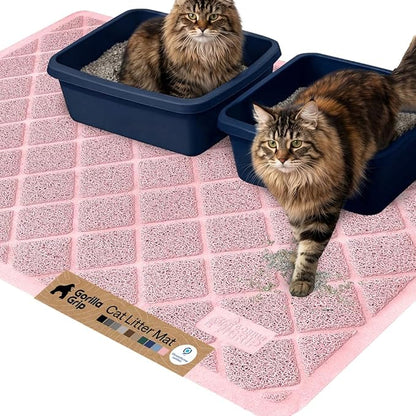 GORILLA GRIP Cat Litter Box Mat, 47x35, Cushioned Coil Mesh Litter Trapping Mats, Scatter Control Supplies for Less Mess, Phthalate Free, Ultra Deep Catch Grooves, Rinse or Vacuum to Clean, Light Pink