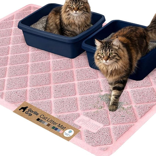 GORILLA GRIP Cat Litter Box Mat, 47x35, Cushioned Coil Mesh Litter Trapping Mats, Scatter Control Supplies for Less Mess, Phthalate Free, Ultra Deep Catch Grooves, Rinse or Vacuum to Clean, Light Pink