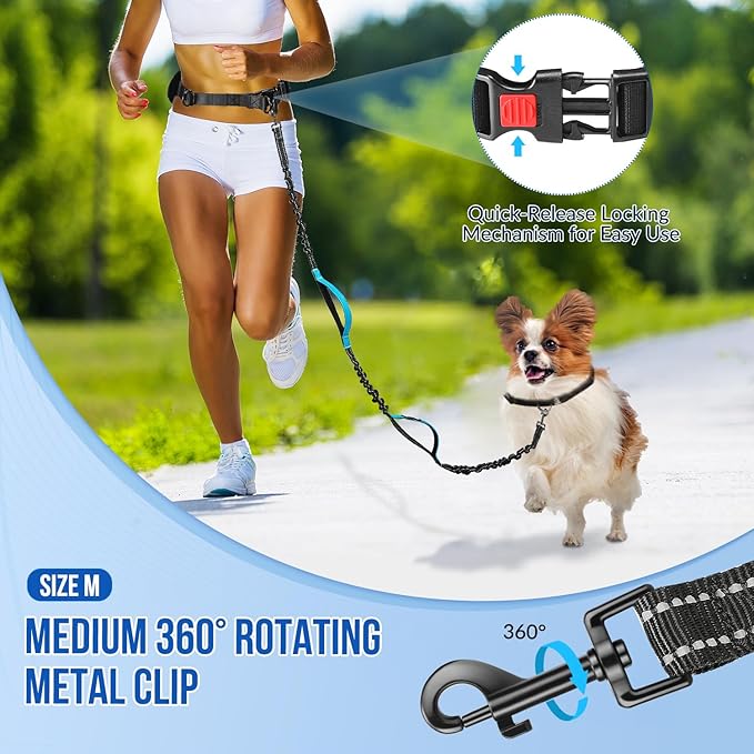 SlowTon Hands Free Dog Leash - with Removable Zipper Pouch, Shock Absorbing Bungee, Dual Handle & Reflective Stitches, Wide Padded Adjustable Waist Leash for Dogs Walking Running (M, for 1 Dog)
