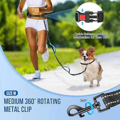 SlowTon Hands Free Dog Leash - with Removable Zipper Pouch, Shock Absorbing Bungee, Dual Handle & Reflective Stitches, Wide Padded Adjustable Waist Leash for Dogs Walking Running (M, for 1 Dog)