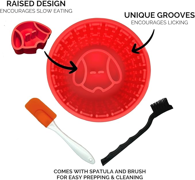 Silicone Enrichment Slow Feeder Dog Bowl for Medium & Large Dogs, Anti-Gulping Slow Eating Dog Bowl with Suction Base, Includes Brush & Spatula (Red)