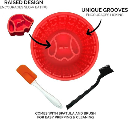 Silicone Enrichment Slow Feeder Dog Bowl for Medium & Large Dogs, Anti-Gulping Slow Eating Dog Bowl with Suction Base, Includes Brush & Spatula (Red)