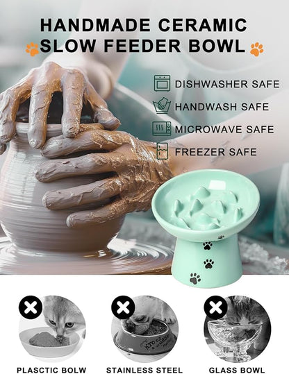 Y YHY Slow Feeder Cat Bowl, Ceramic Cat Slow Feeder Bowl, 6 Inches, Elevated, Anti Vomiting for Dry and Wet Food, Green
