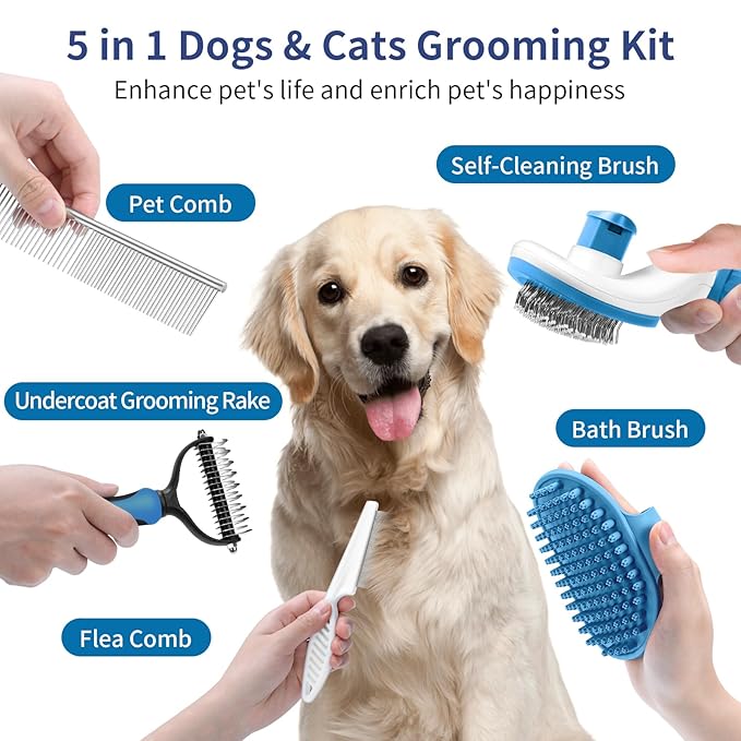 Dog Brush Grooming Kit 5 PCS - Self Cleaning Slicker Brush for Shedding Short Long Haired Dogs & Cats, Includes Pet Comb, Flea Comb, Bath Brush, Undercoat Rake - Complete Fur Care Set - Blue