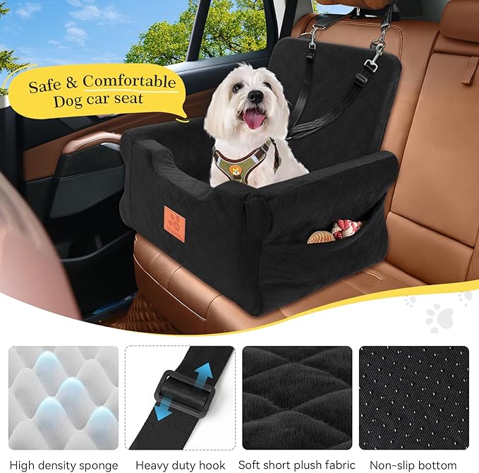 NEEZUKAR Dog Car Seats for Small/Medium Dogs, Elevated Memory Foam Dog Booster Seat, Detachable Washable Pet Car Seat with Safety Belts & Storage Pockets (Black)