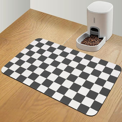 Checkered Dog Food Mat, Absorbent Leak-Proof Pet Feeding Mat, Quick Dry Cat Food Mat for Messy Drinkers 16" x 24" Black