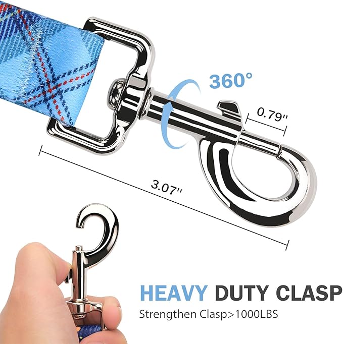 Hikiko 6 Ft Dog Leash, Padded Double Handle Leashes for Medium Large Dogs, Soft Traffic Handles Lead for Walking (Blue Plaid)