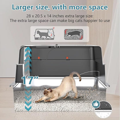 XXXL Extra Large Stainless Steel Litter Box with Lid, 28" L x 20.5" W x 17" H Covered Stainless Steel Litter Box, Multiple Natural Activated Carbon Filter Bags, Non-Sticky, Anti-Leakage, Easy to Clean