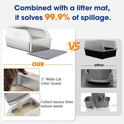 Stainless Steel Litter Box with Lid Enclosed XL High Sided Metal Litter Boxes for Big Cat and Multiple Cats, Anti-Urine Leakage | Non-Stick & Includes Cat Mat and Scoop