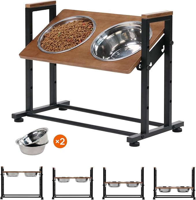 Adjustable Height Pet Feeder Stand with 2 Dishwasher-Safe Stainless Steel Bowls – Brown Wood Top & Black Metal Frame Elevated Food/Water Station for Dogs/Cats Under 100LBS