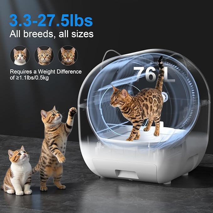 Self Cleaning Litter Box,76L Automatic Cat Litter Box Self Cleaning with APP Control,Low Noise,Safety Protection,Roll Garbage Bags,Deodorizer and Cleaning Brush for Multiple Cats