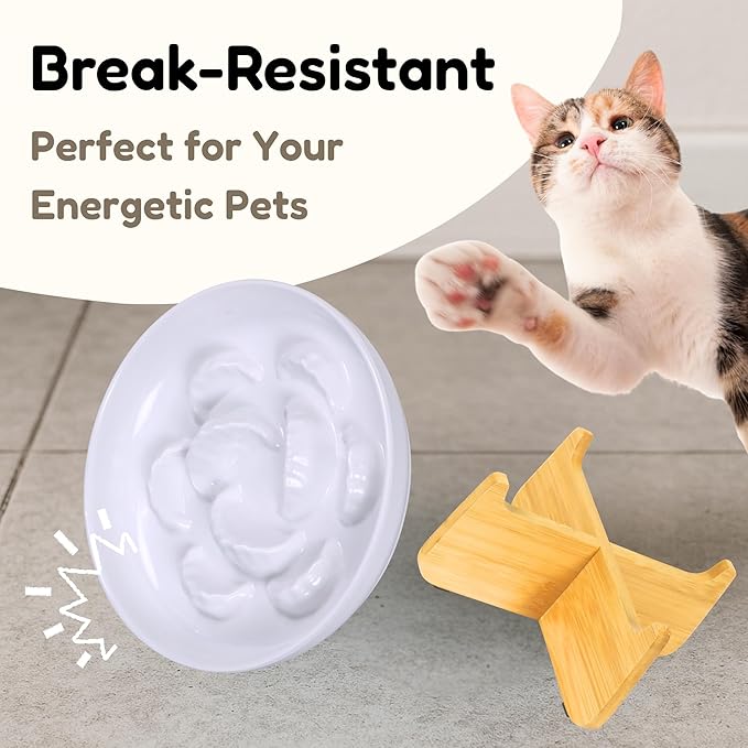 Slow Feeder Cat Bowl with Stand, Melamine Slow Eating Cat Bowl with Higher Edges Dumpling Design Elevated Cats Food Bowls for Dry and Wet Food Anti-Vomiting Puzzle Feeder for Healthy Eating Diet