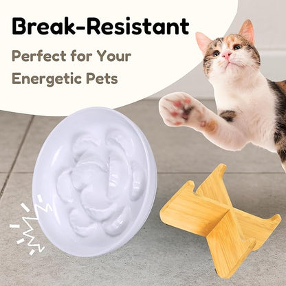 Slow Feeder Cat Bowl with Stand, Melamine Slow Eating Cat Bowl with Higher Edges Dumpling Design Elevated Cats Food Bowls for Dry and Wet Food Anti-Vomiting Puzzle Feeder for Healthy Eating Diet