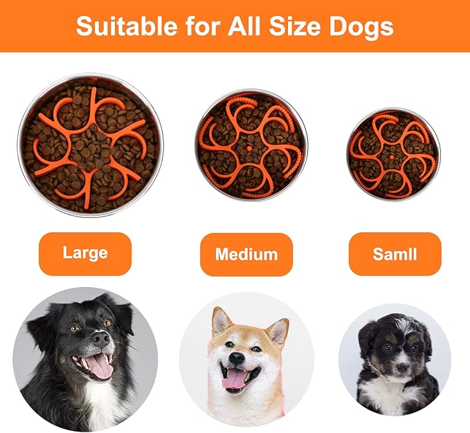 Dog Slow Feeder Bowls Silicone Spiral Pet Food Feeder Insert to Slow Down Eating for Large Medium Small Breed Dogs Perfect with Stainless Steel Glass Ceramic Pet Bowls (Orange)